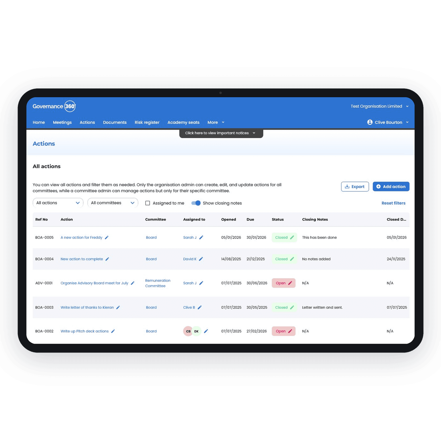 Governance360 action register listing board actions with owners, due dates and status Action Register