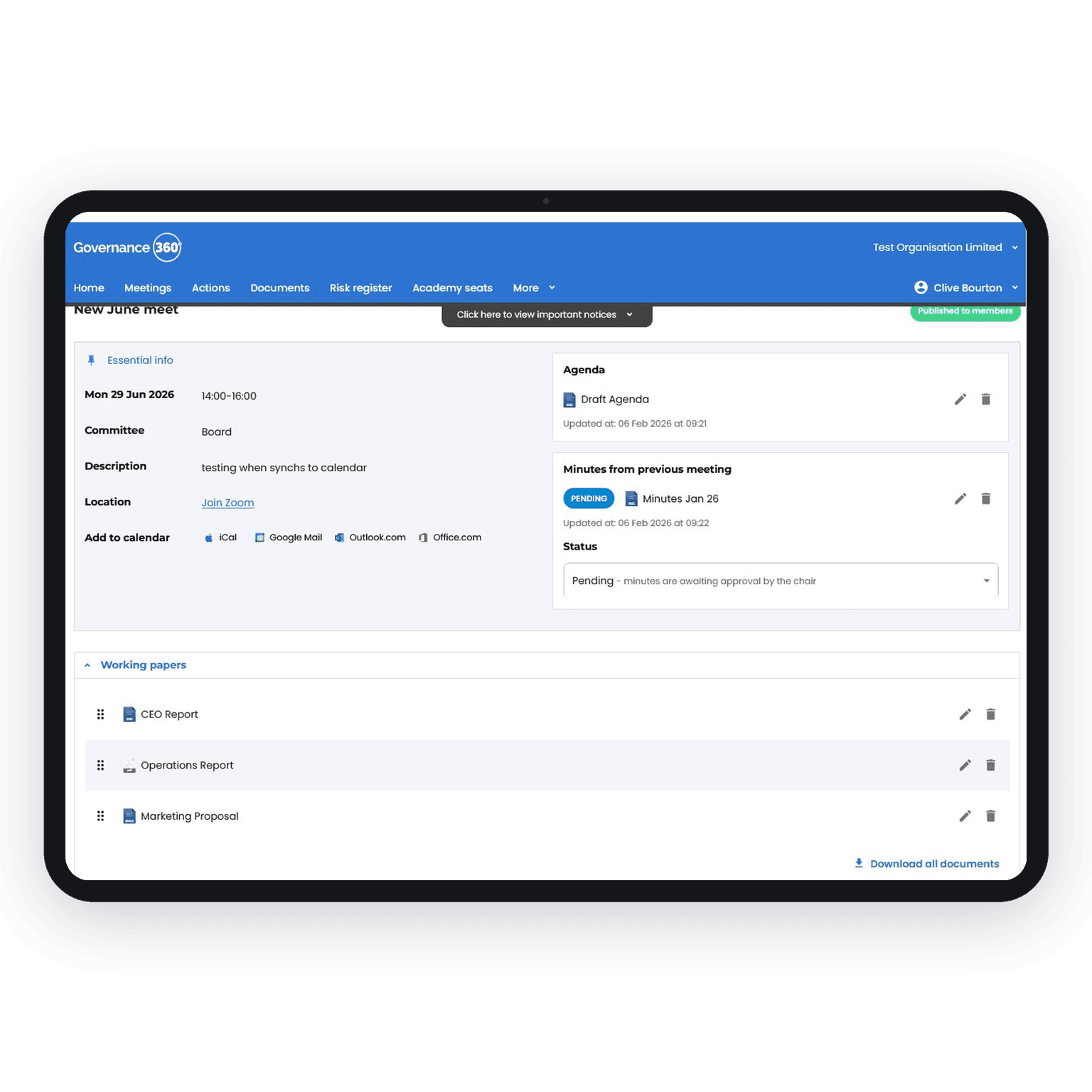 Governance360 board meeting portal showing a meeting agenda, minutes and working papers Board Meeting Portal