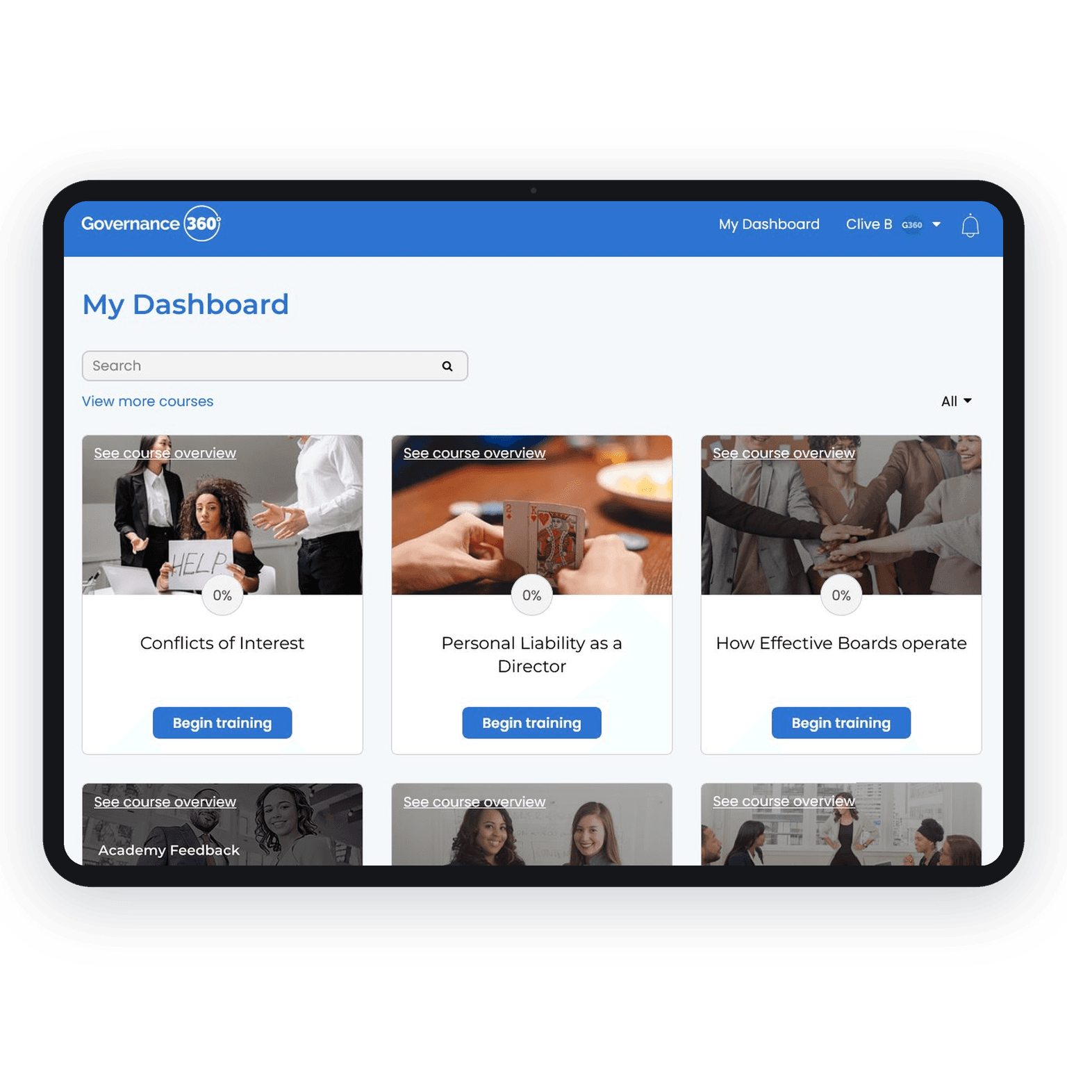 Governance360 Director Academy dashboard of CPD accredited director training courses Director Academy