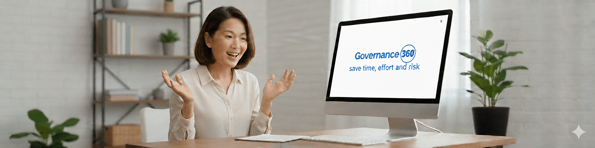 Attractive young female volunteer in blue uniform using tablet pc and smiling while standing indoors. Team sorting, packing items in the background FAQs on how to start a trial with Governance360