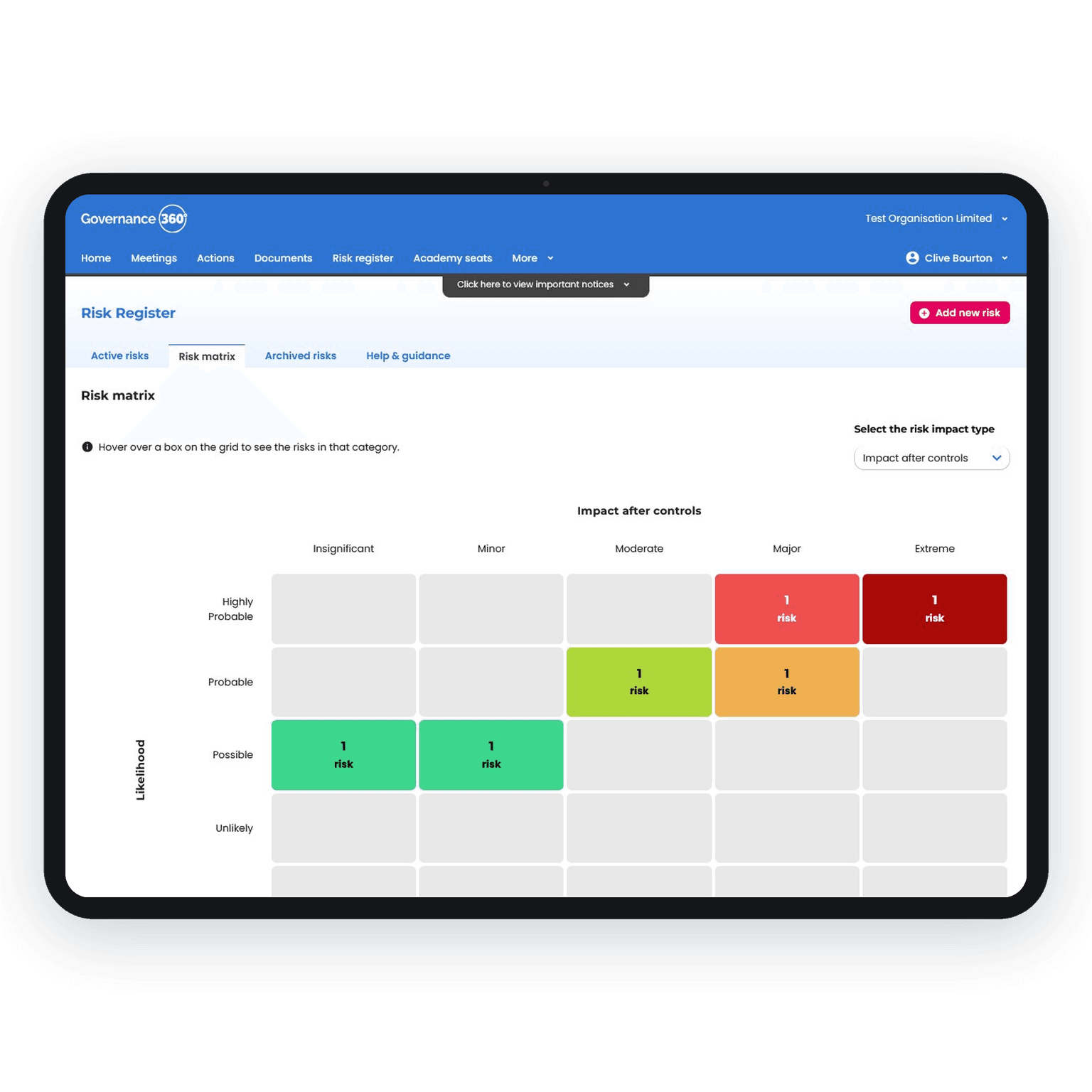 Governance360 risk register matrix plotting risks by likelihood and impact Risk Register